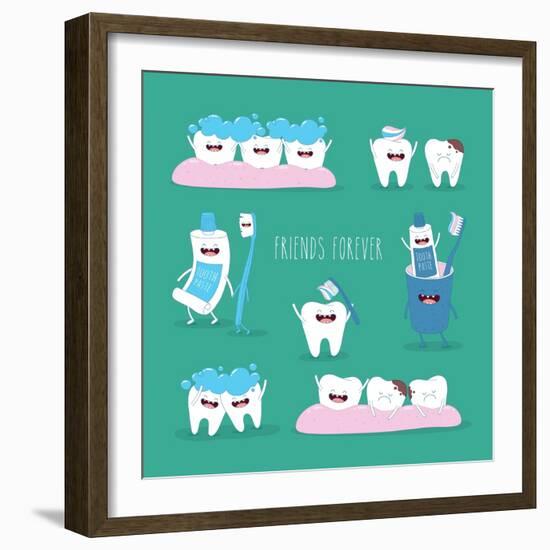 Funny Teeth Set Consisting of Toothpaste and Toothbrush Who are Friends Forever. Vector Illustratio-Serbinka-Framed Art Print