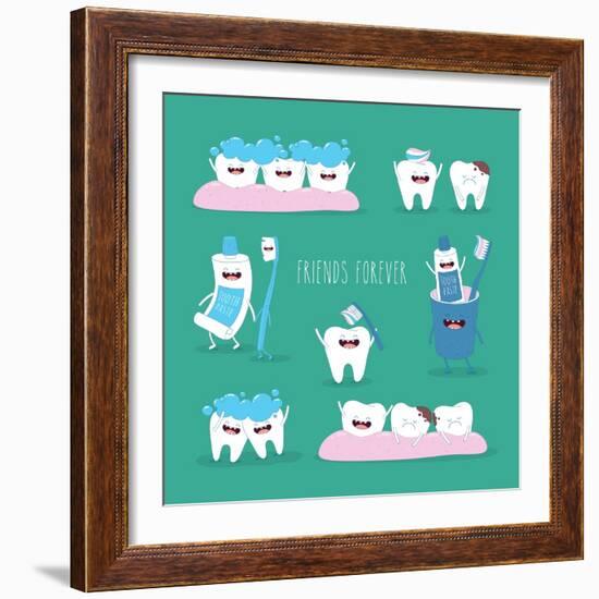 Funny Teeth Set Consisting of Toothpaste and Toothbrush Who are Friends Forever. Vector Illustratio-Serbinka-Framed Art Print