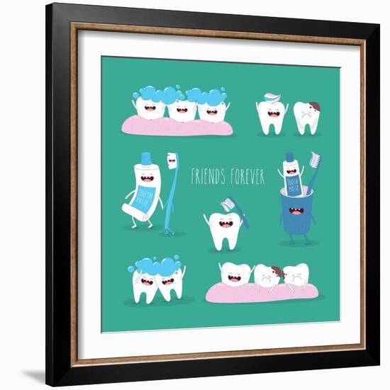 Funny Teeth Set Consisting of Toothpaste and Toothbrush Who are Friends Forever. Vector Illustratio-Serbinka-Framed Art Print