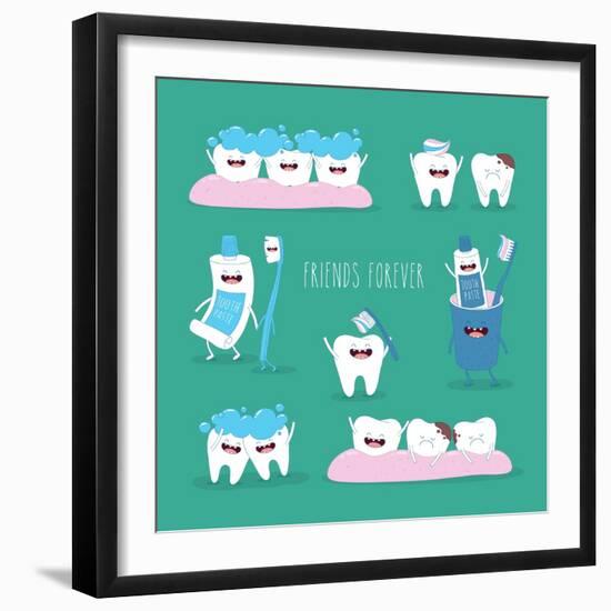 Funny Teeth Set Consisting of Toothpaste and Toothbrush Who are Friends Forever. Vector Illustratio-Serbinka-Framed Art Print