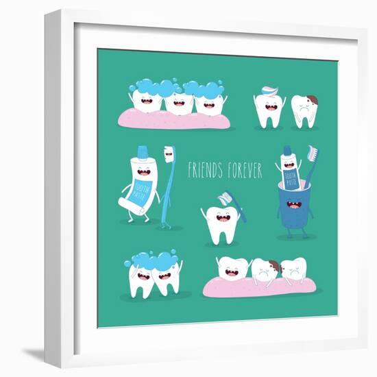 Funny Teeth Set Consisting of Toothpaste and Toothbrush Who are Friends Forever. Vector Illustratio-Serbinka-Framed Art Print