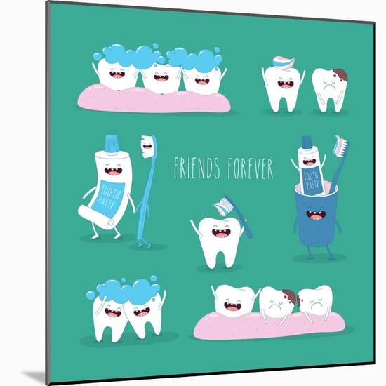 Funny Teeth Set Consisting of Toothpaste and Toothbrush Who are Friends Forever. Vector Illustratio-Serbinka-Mounted Art Print