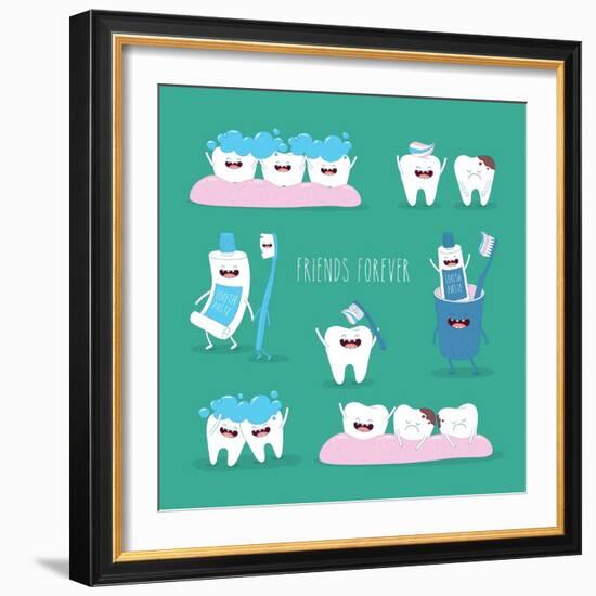 Funny Teeth Set Consisting of Toothpaste and Toothbrush Who are Friends Forever. Vector Illustratio-Serbinka-Framed Art Print