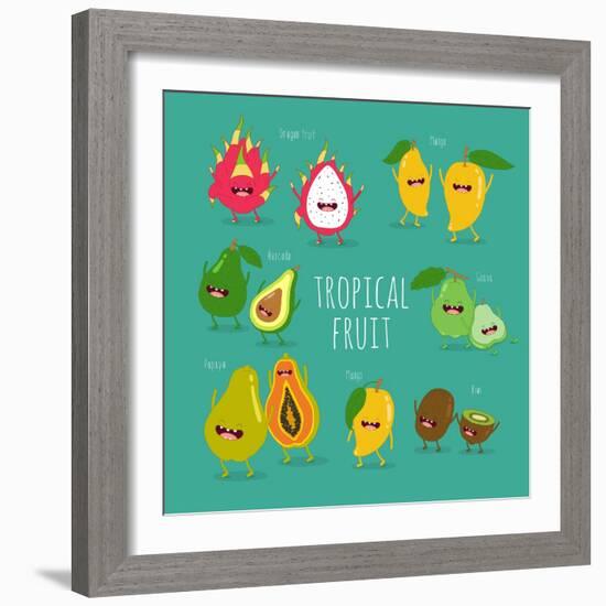 Funny Tropical Fruits. Guava, Papaya, Mango, Kiwi, Dragon Fruit, Avocado. Vector Illustration. Comi-Serbinka-Framed Art Print