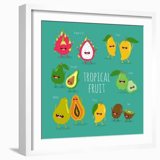 Funny Tropical Fruits. Guava, Papaya, Mango, Kiwi, Dragon Fruit, Avocado. Vector Illustration. Comi-Serbinka-Framed Art Print