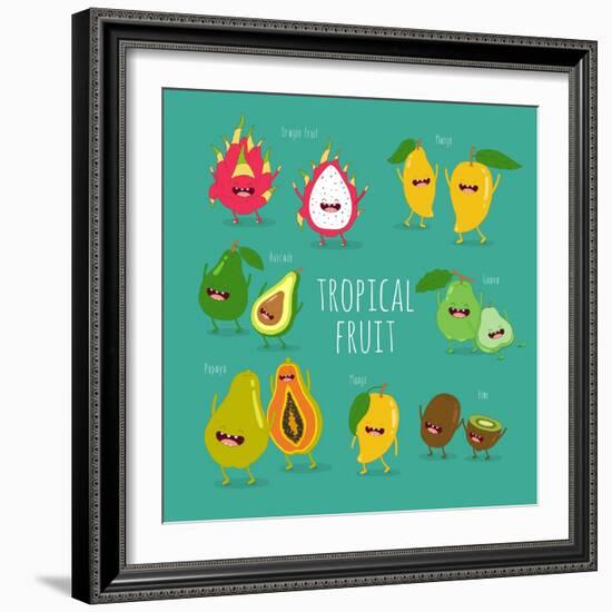 Funny Tropical Fruits. Guava, Papaya, Mango, Kiwi, Dragon Fruit, Avocado. Vector Illustration. Comi-Serbinka-Framed Art Print