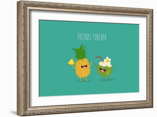 Funny Tropical Fruits. Pineapple and Coconut. Friend Forever.-Serbinka-Framed Art Print