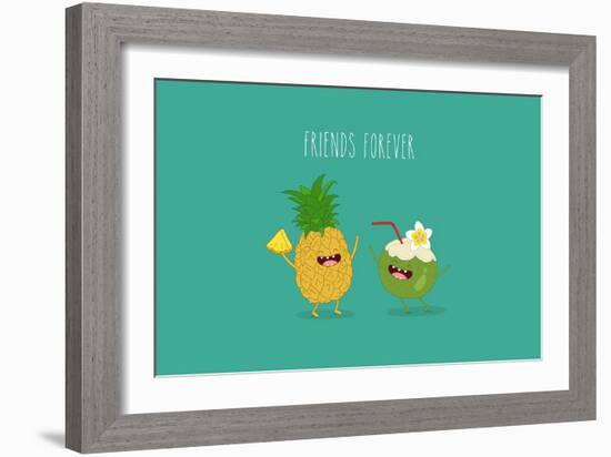 Funny Tropical Fruits. Pineapple and Coconut. Friend Forever.-Serbinka-Framed Art Print