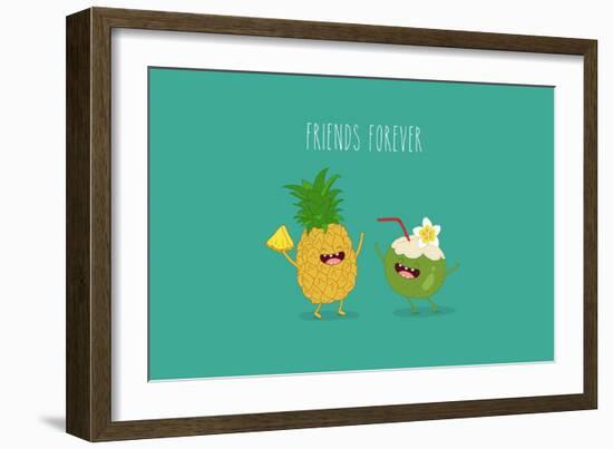 Funny Tropical Fruits. Pineapple and Coconut. Friend Forever.-Serbinka-Framed Art Print