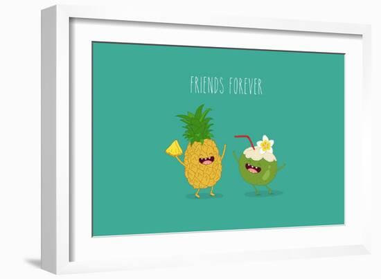 Funny Tropical Fruits. Pineapple and Coconut. Friend Forever.-Serbinka-Framed Art Print