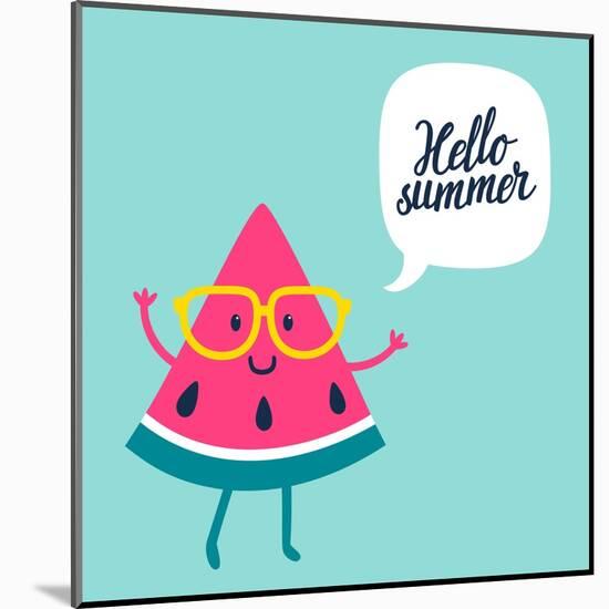 Funny Vector Background with Watermelon Slice in Glasses, Speech Bubble and Hand Written Text Hello-Beskova Ekaterina-Mounted Art Print