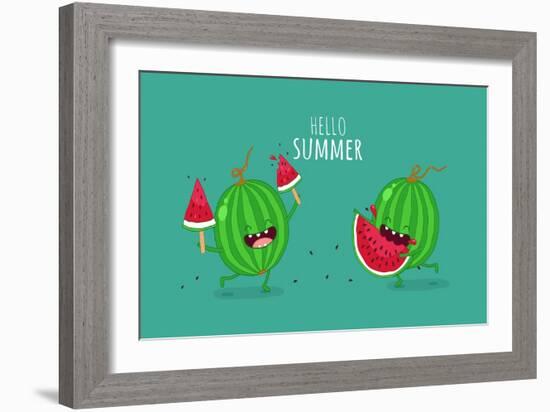 Funny Watermelon Eating a Piece of Watermelon. Hello Summer. Use for Card, Poster, Banner, Web Desi-Serbinka-Framed Art Print