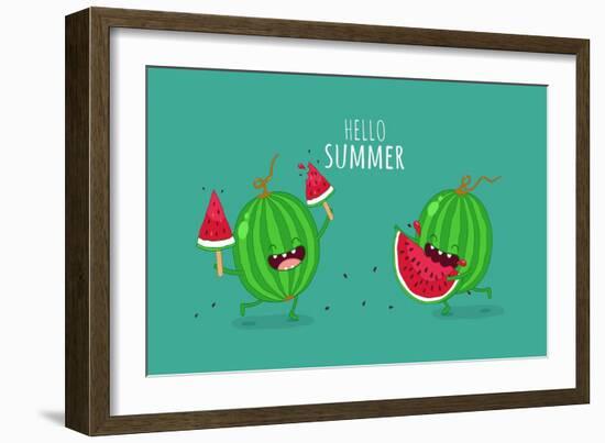 Funny Watermelon Eating a Piece of Watermelon. Hello Summer. Use for Card, Poster, Banner, Web Desi-Serbinka-Framed Art Print