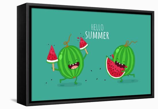 Funny Watermelon Eating a Piece of Watermelon. Hello Summer. Use for Card, Poster, Banner, Web Desi-Serbinka-Framed Stretched Canvas