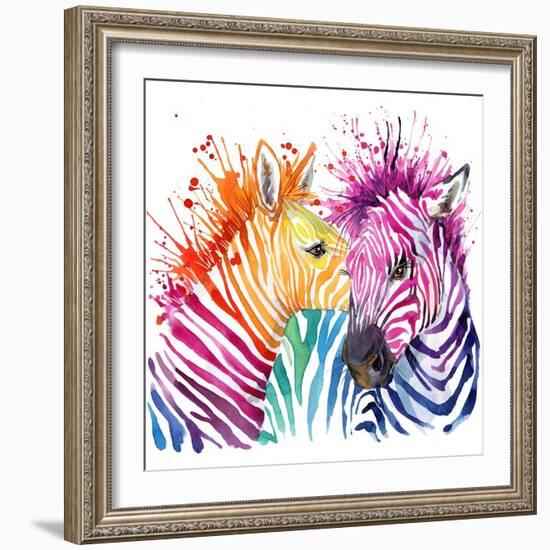 Funny Zebra T-Shirt Graphics, Rainbow Zebra Illustration with Splash Watercolor Textured Background-Faenkova Elena-Framed Art Print