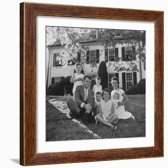 Future Atty. Gen. Robert Kennedy Posing with Wife and Children in Front of Their Hickory Hill Home-Paul Schutzer-Framed Photographic Print