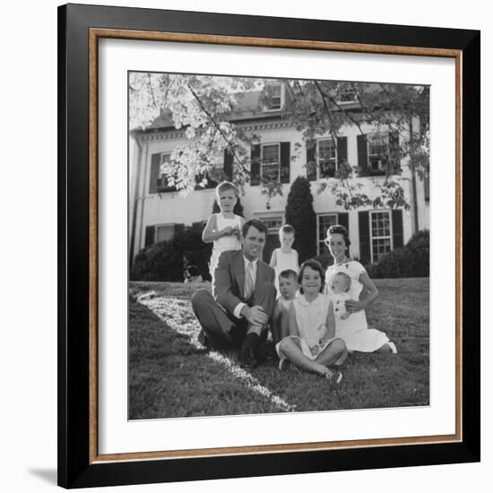 Future Atty. Gen. Robert Kennedy Posing with Wife and Children in Front of Their Hickory Hill Home-Paul Schutzer-Framed Photographic Print