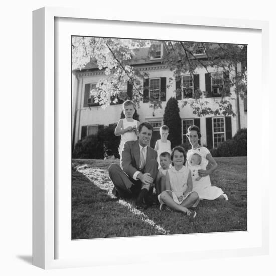 Future Atty. Gen. Robert Kennedy Posing with Wife and Children in Front of Their Hickory Hill Home-Paul Schutzer-Framed Photographic Print