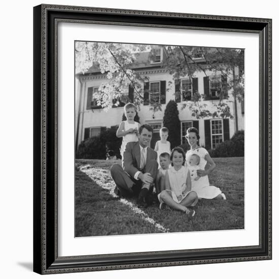 Future Atty. Gen. Robert Kennedy Posing with Wife and Children in Front of Their Hickory Hill Home-Paul Schutzer-Framed Photographic Print