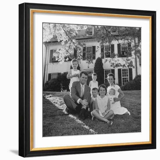 Future Atty. Gen. Robert Kennedy Posing with Wife and Children in Front of Their Hickory Hill Home-Paul Schutzer-Framed Photographic Print