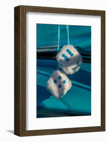 Fuzzy dice in classic car-Jim Engelbrecht-Framed Photographic Print