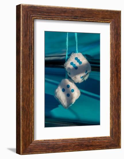 Fuzzy dice in classic car-Jim Engelbrecht-Framed Photographic Print