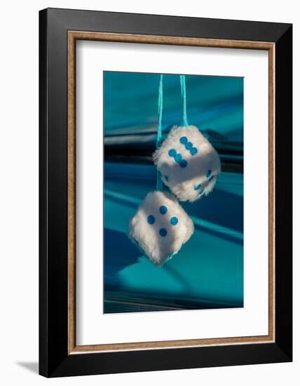 Fuzzy dice in classic car-Jim Engelbrecht-Framed Photographic Print