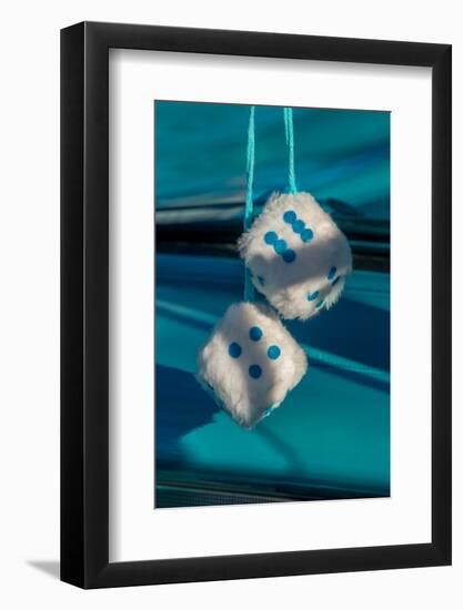 Fuzzy dice in classic car-Jim Engelbrecht-Framed Photographic Print