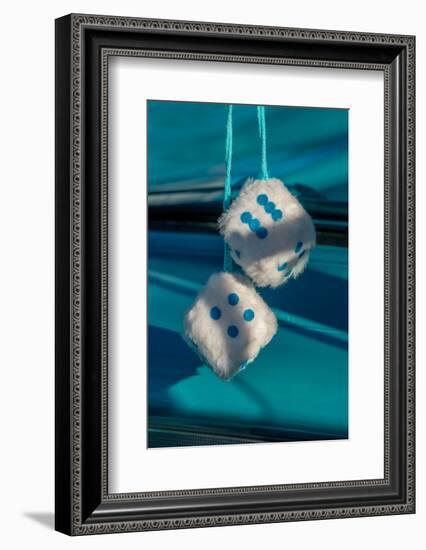 Fuzzy dice in classic car-Jim Engelbrecht-Framed Photographic Print