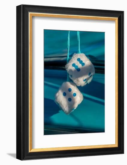 Fuzzy dice in classic car-Jim Engelbrecht-Framed Photographic Print