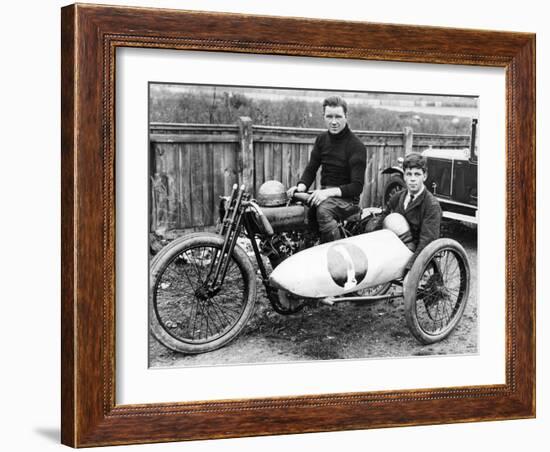 FW Dixon on a Harley-Davidson, with a Passenger in the Sidecar, 1921-null-Framed Photographic Print
