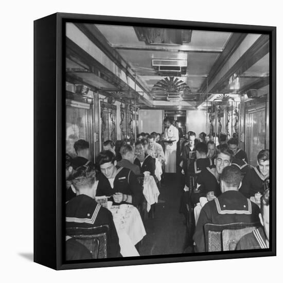 G.I. Personnel and Their Wives Eating in Dining Car While Civilians Will Have to Wait Until Later-Sam Shere-Framed Premier Image Canvas