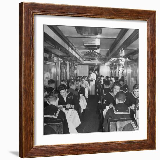 G.I. Personnel and Their Wives Eating in Dining Car While Civilians Will Have to Wait Until Later-Sam Shere-Framed Photographic Print