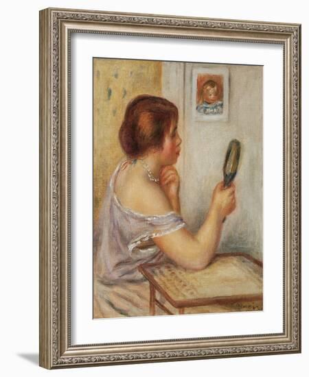 Gabrielle Holding a Mirror or Marie Dupuis Holding a Mirror with a Portrait of Coco, Early 1900S-Pierre-Auguste Renoir-Framed Giclee Print