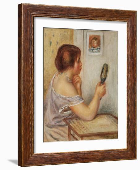 Gabrielle Holding a Mirror or Marie Dupuis Holding a Mirror with a Portrait of Coco, Early 1900S-Pierre-Auguste Renoir-Framed Giclee Print