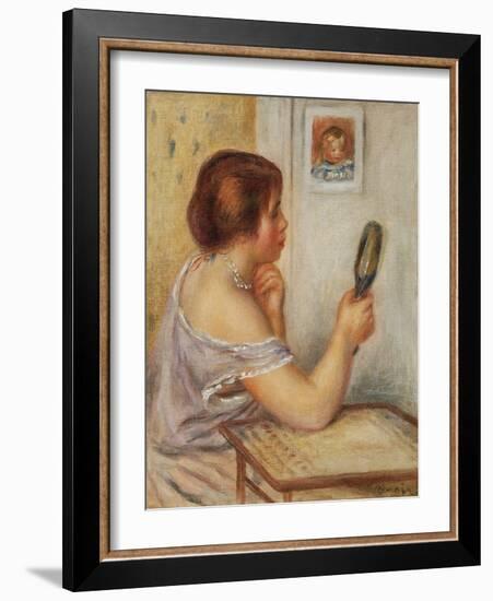 Gabrielle Holding a Mirror or Marie Dupuis Holding a Mirror with a Portrait of Coco, Early 1900S-Pierre-Auguste Renoir-Framed Giclee Print