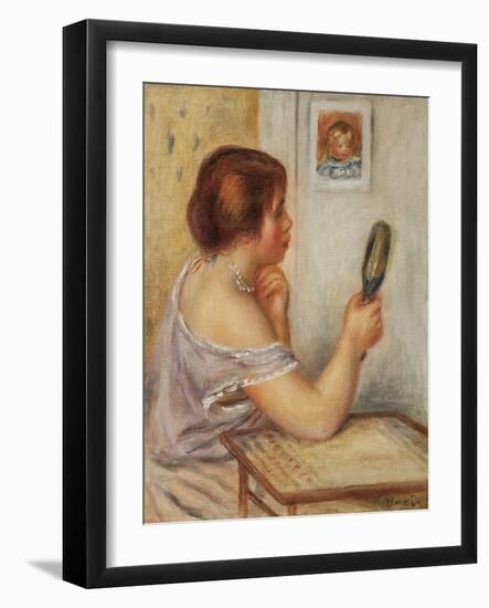 Gabrielle Holding a Mirror or Marie Dupuis Holding a Mirror with a Portrait of Coco, Early 1900S-Pierre-Auguste Renoir-Framed Giclee Print