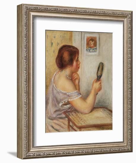 Gabrielle Holding a Mirror or Marie Dupuis Holding a Mirror with a Portrait of Coco, Early 1900S-Pierre-Auguste Renoir-Framed Giclee Print