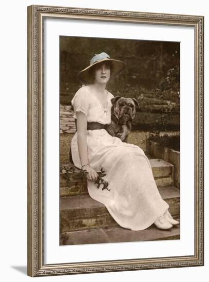 Gabrielle Ray, English Actress, with a Dog in a Garden-null-Framed Photographic Print