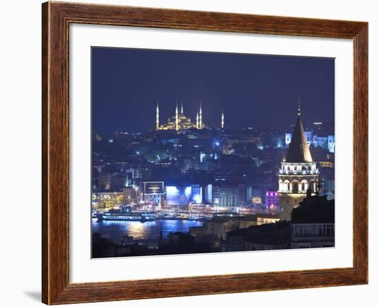 Galata Tower and Blue Mosque (Sultan Ahmet Camii), Sultanahmet, Istanbul, Turkey-Jon Arnold-Framed Photographic Print