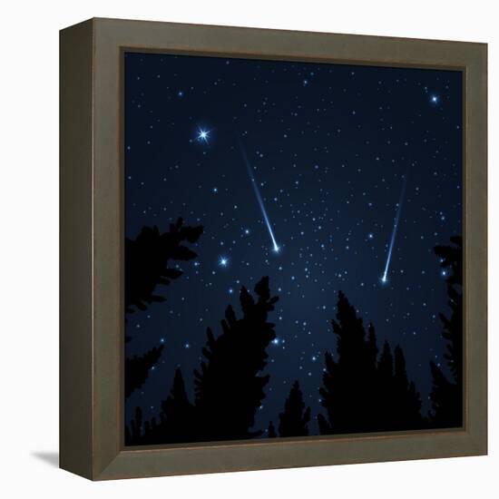 Galaxy with Framed with Pine Trees. Night Sky and Shooting Stars. Milky Way. Vector Illustration-acid2728k-Framed Stretched Canvas