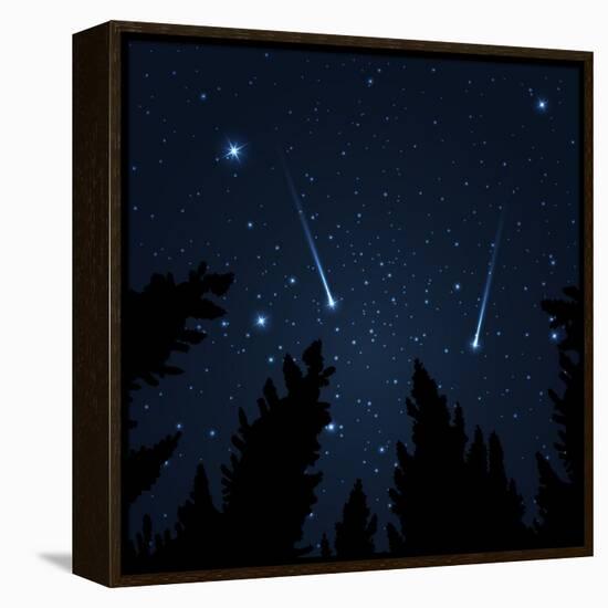 Galaxy with Framed with Pine Trees. Night Sky and Shooting Stars. Milky Way. Vector Illustration-acid2728k-Framed Stretched Canvas