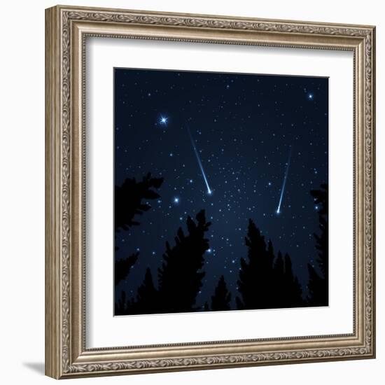 Galaxy with Framed with Pine Trees. Night Sky and Shooting Stars. Milky Way. Vector Illustration-acid2728k-Framed Art Print