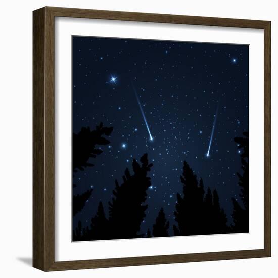 Galaxy with Framed with Pine Trees. Night Sky and Shooting Stars. Milky Way. Vector Illustration-acid2728k-Framed Art Print