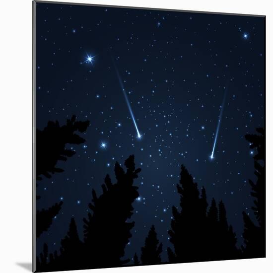 Galaxy with Framed with Pine Trees. Night Sky and Shooting Stars. Milky Way. Vector Illustration-acid2728k-Mounted Art Print