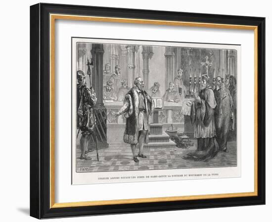 Galileo Denies the Movement of the Earth to the Judges of the Holy Office-Louis Figuier-Framed Art Print