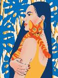 Young woman holding a cat in bright decorated interior.-Galina Kamenskaya-Framed Stretched Canvas