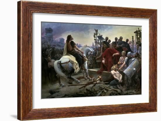 Gallic Chief Vercingetorix Throws His Sword at Feet of Julius Caesar, 46 BC-Lionel Noel Royer-Framed Art Print