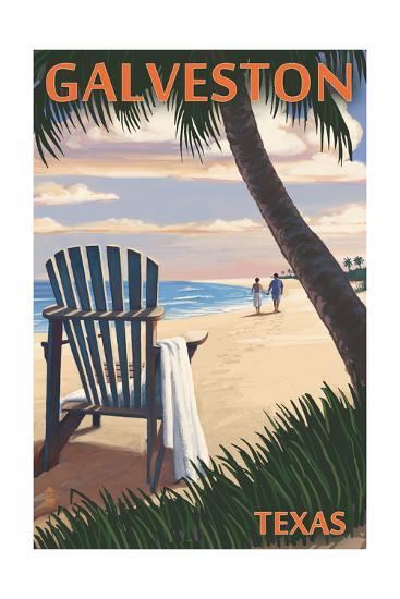 Galveston, Texas - Adirondack Chairs and Sunset Art Print 