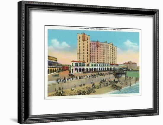 Galveston, Texas - Exterior View of the Buccaneer Hotel from Seawall Blvd and the Beach, c.1947-Lantern Press-Framed Art Print